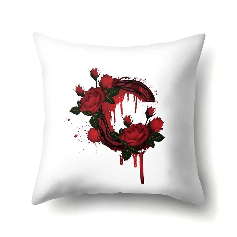 Red Rose English Letter Printing Pattern Cushion Cover Home Living Room Sofa Decoration Square Polyester Pillow
