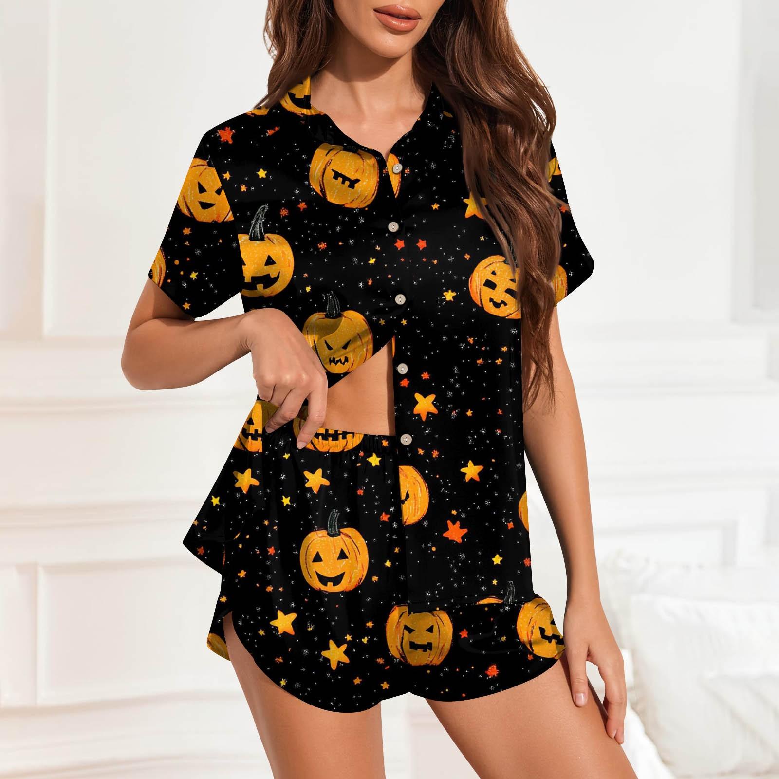 

Женская пижама из шелка Ice Silk с пуговицами, домашняя одежда, атласный пижамный комплект с короткими рукавами и принтом на Хэллоуин M шафрановый