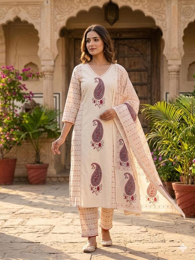 Pure Cotton Straight Kurti Pant Dupatta Set Indian Women Casual Wear Kurta Set