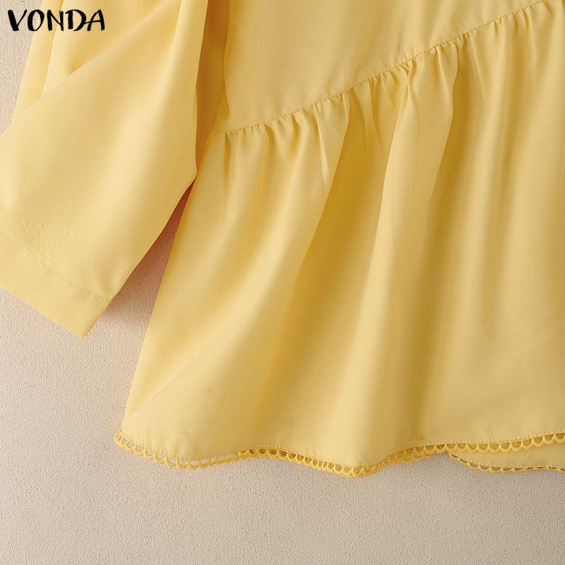 VONDA Women Casual Lapel Neck Solid Color Irregular Loose 3/4 Sleeve Blouse