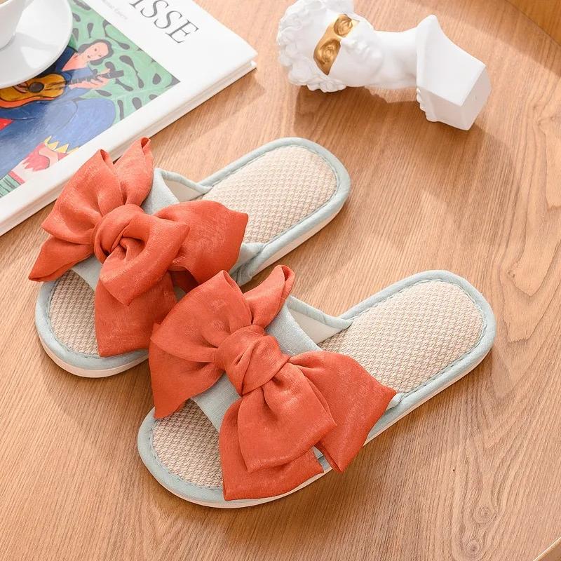 Fashion 2024 New Fashion Linen Slippers Women's Silk Bow Cotton Linen Slippers Women's Indoor Home Outdoor Sandals Slippers Zapatos