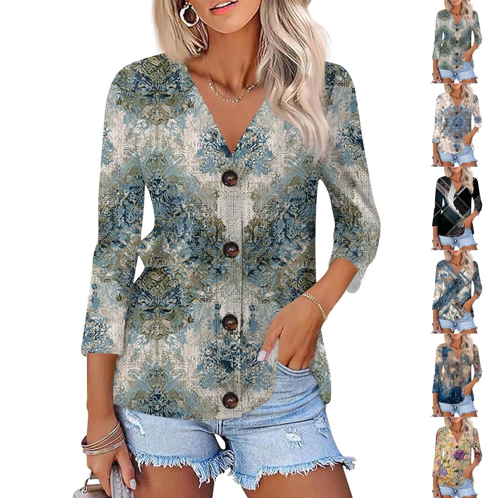 Women's Fashion Casual Print Button-down Shirt 3/4 Long Sleeve Tops