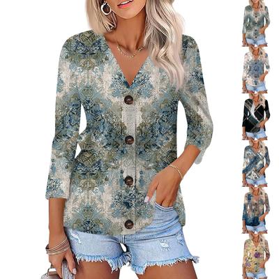 Damenmode Lässiges bedrucktes Button-Down-Hemd 3/4 lange Ärmel Oberteile