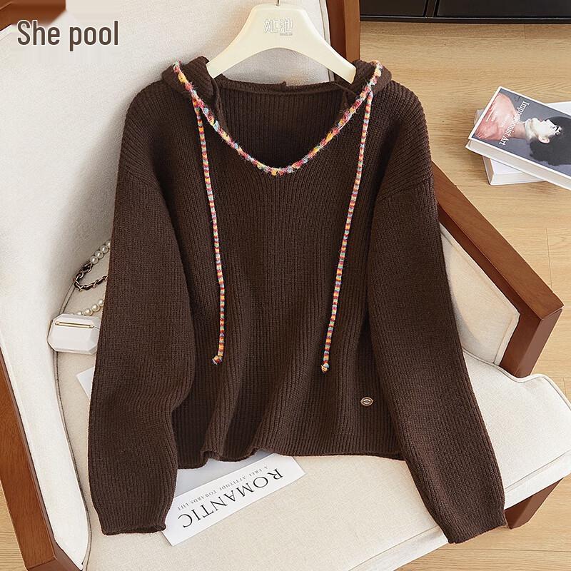 

Women s Striped Drawstring Hooded Knit Top One Size
