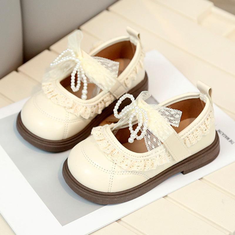 Girls' Lace Bow Leather Shoes - Spring & Autumn Korean Style Princess Performance Shoes with Pearls