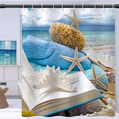 Starfish Beach Pattern Bath Curtain Waterproof Anti-Mold Shower Curtain Bathroom Dry Wet Separation Partition with Hooks