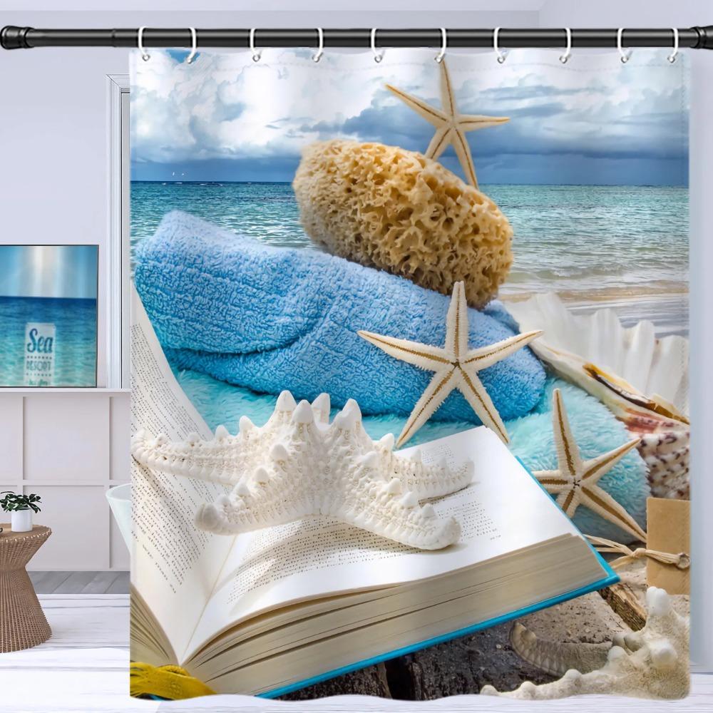 

Starfish Beach Pattern Bath Curtain Waterproof Anti-Mold Shower Curtain Bathroom Dry Wet Separation Partition with Hooks 180*180cm
