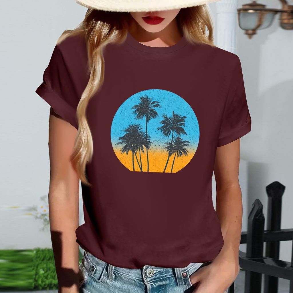 Women's Fashionable Round Neck Casual Retro Print Short Sleeved T-shirt Top