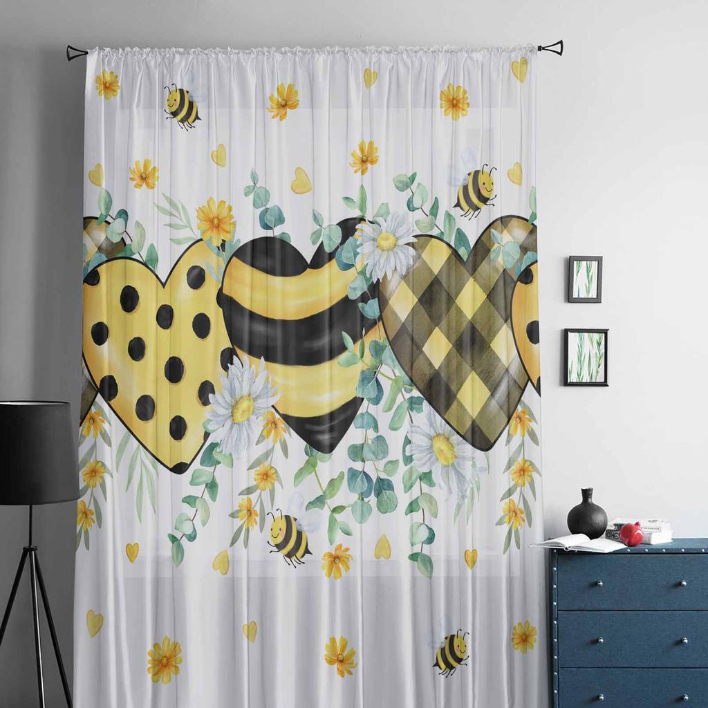 Watercolor Bees Eucalyptus Leaves Daisy Flowers Window Tulle Curtains for Living Room Hotel Luxury Decoration Sheer Curtains