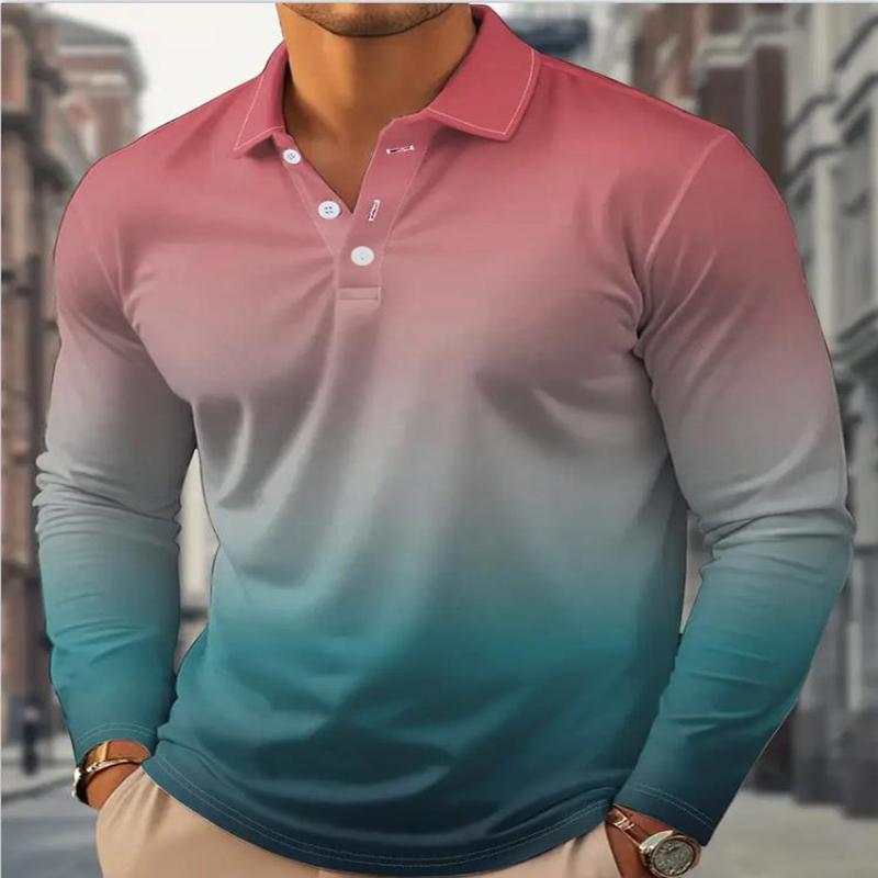 New Digital Printed Men's Autumn Long Sleeved Color Blocked Sports Casual Fashion Polo Collar Gradient Men's Top