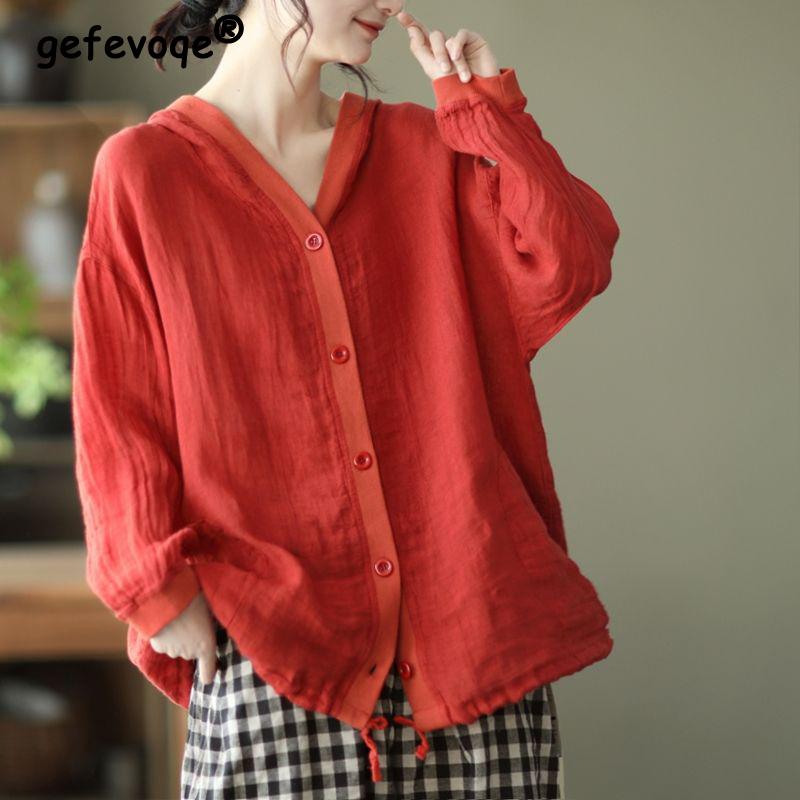 

Женская летняя винтажная хлопково-льняная дышащая худи от солнца, простая повседневная блузка на кулиске, однотонные топы с длинным рукавом свободного кроя XL оранжевый