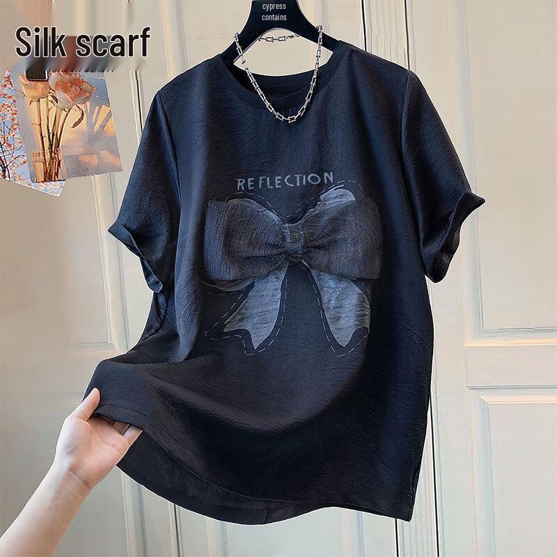 Sibaishi Women s Summer Bowknot Print Loose Round Neck T-Shirt S