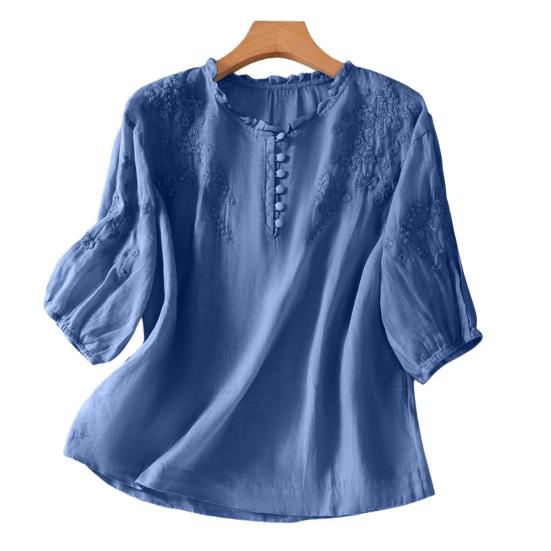 Camicia da Donna Ricamata Floreale Manica a 3/4 a Palloncino Vestibilità Larga Pullover Top Orlo Curvo Casual Estiva Blusa Traspirante Quotidiano