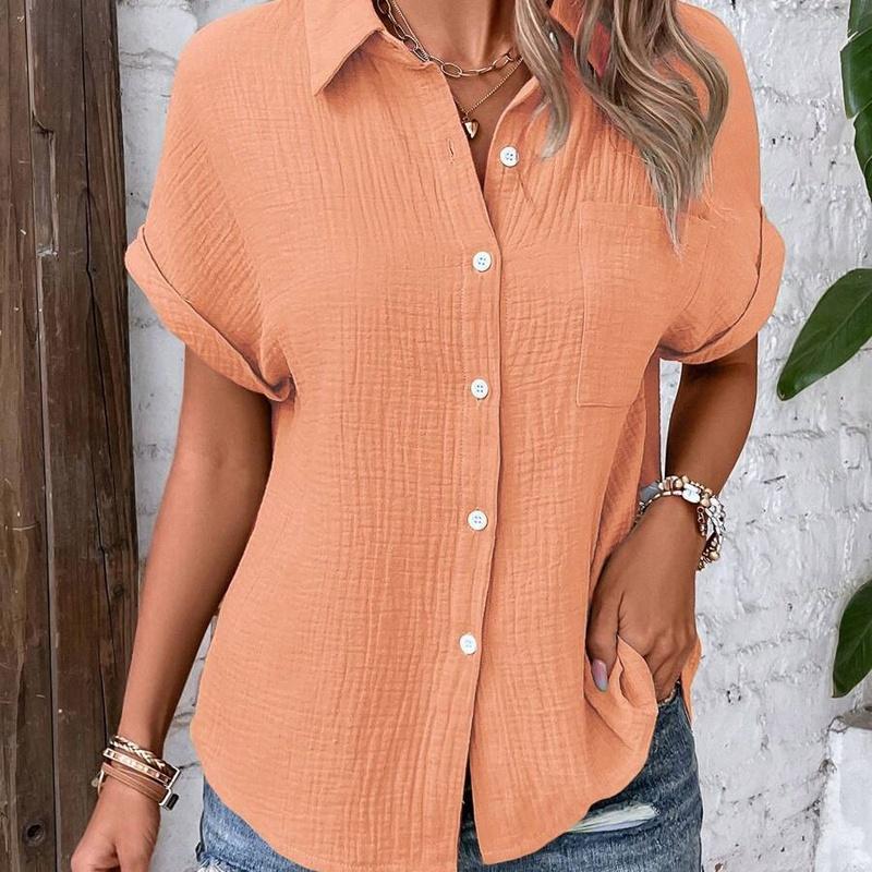 Summer European Style Women Cotton Solid Color Casual Button Blouse
