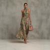  New European and American Style Independent Station Neck Printing Chiffon Long Dress Holiday Style Waist Thin Pleated Dress