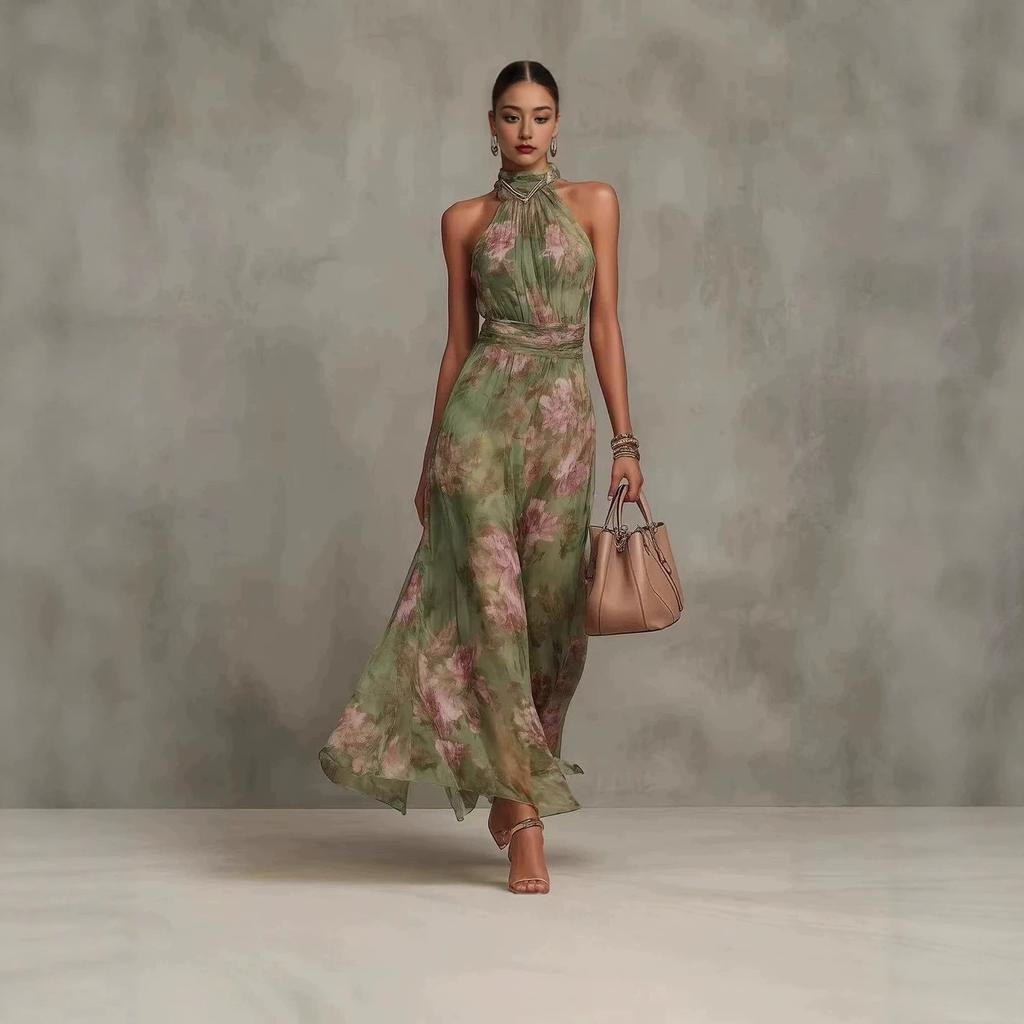 New European and American Style Independent Station Neck Printing Chiffon Long Dress Holiday Style Waist Thin Pleated Dress