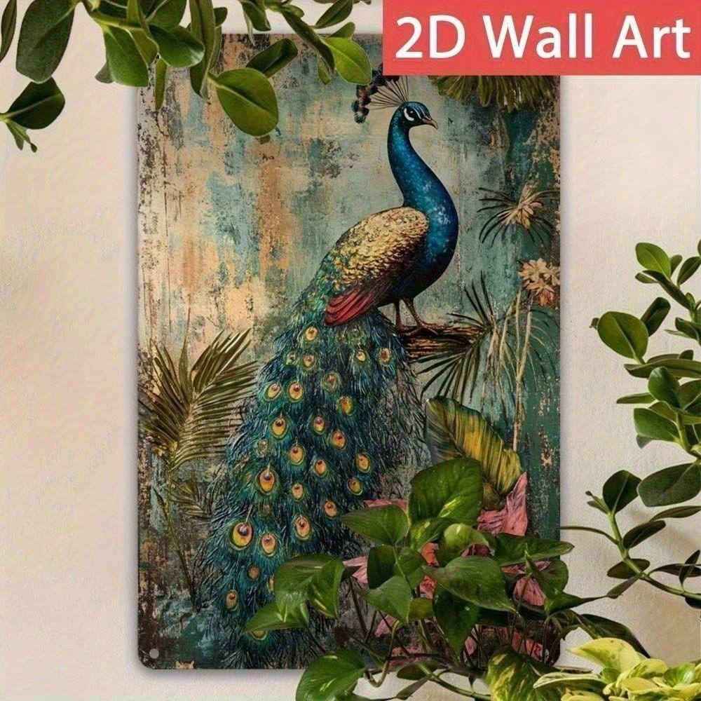 Vintage Metal Peacock Wall Art 30x20cm, Aluminum Feather Sign, Garden Outdoor Decor