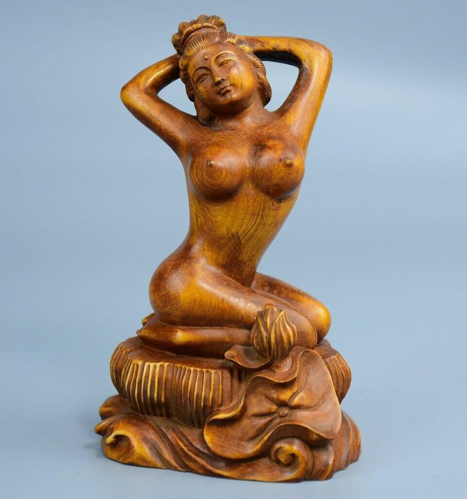 Chinese Antique Boxwood Carved Beautiful Woman Statue Sexy Sculpture Home Decor