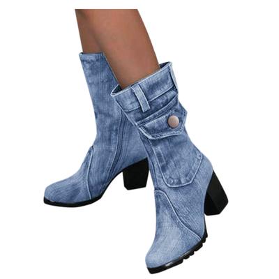 Blue Jeans Boots Women's Mid-rise Rome Solid Slip-On Chunky Med Heels Boots Wild Vintage Large Size Ladies Shoes
