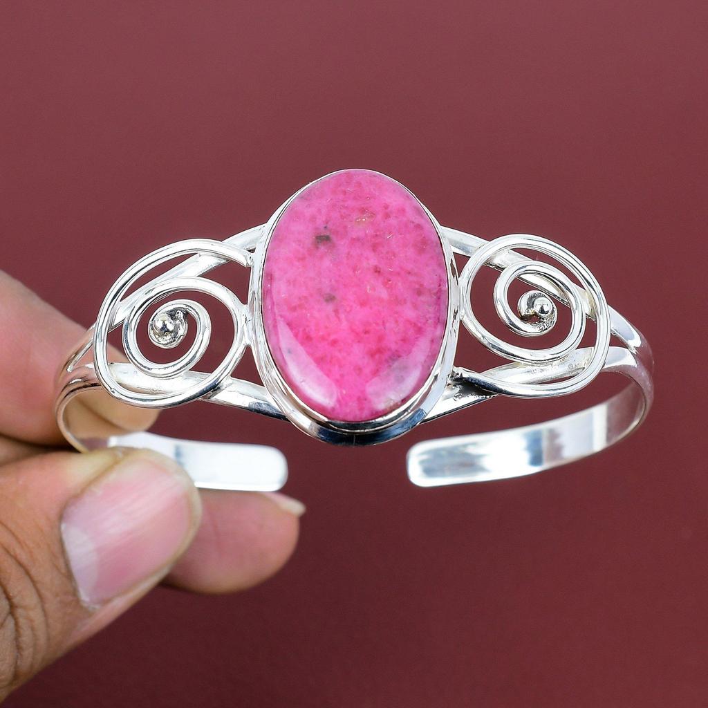Rhodonite Bangle Gemstone Cuff Bracelet Unique Jewelry 925 Sterling Silver Bangle Adjustable Cuff Bracelet Handmade Jewelry Gifts for Friend