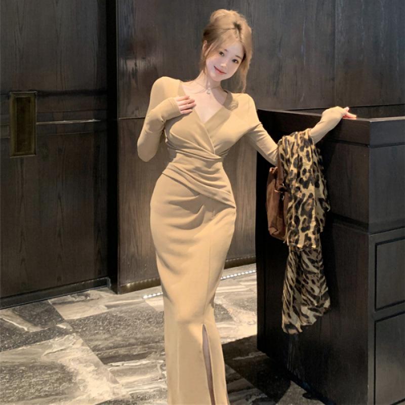 Temperament Cross V-neck Long-sleeved Dress Female Slim-fitting Tight Long Dress Spice Girl Waist Split Hip Skirt