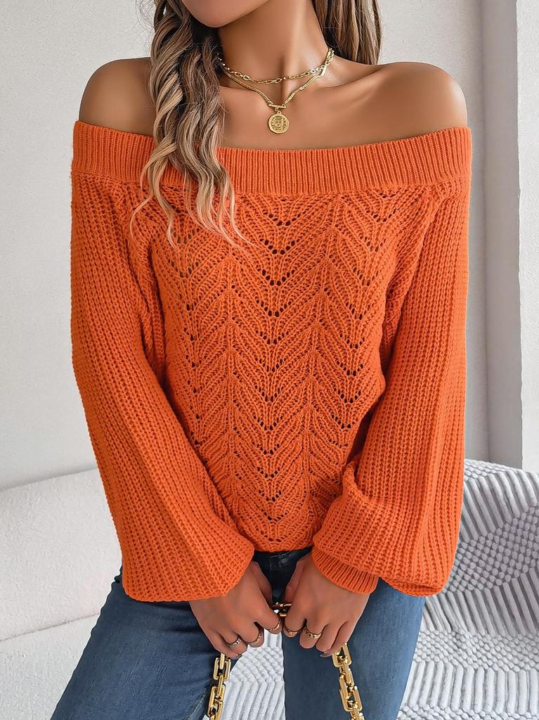 Real Shot 2025 Autumn/Winter Off-Shoulder Lantern Sleeve Sweater - Women's Solid Color Casual Wear