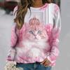 Flowers Cat  Long Sleeves Women Colorful Animal 3D Clothing  Tops O-Neck Cotton Clothes T-Shirt