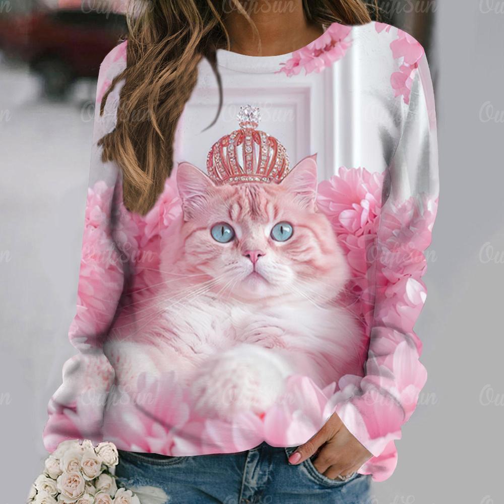 Flowers Cat  Long Sleeves Women Colorful Animal 3D Clothing  Tops O-Neck Cotton Clothes T-Shirt