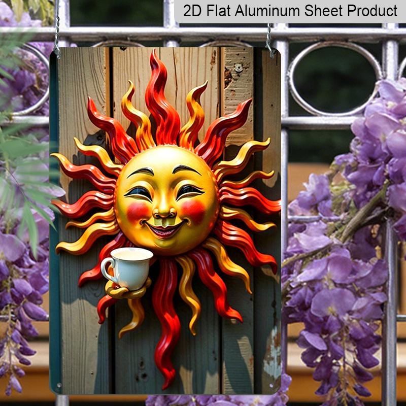 2D Flat, 1pc Vintage Embossed Metal Sign - Vibrant Sun Face with Coffee Cup Metal Wall Art, Rustic Aluminum Outdoor Decor for Garden, Patio, Porch
