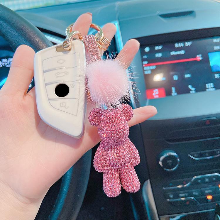 Bear Car Cute Keychain With Fur And Diamond Fashionable Key Ring Bag Pendant