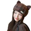 Retro Karomütze Britische Vielseitige Literarische Malermütze Herbst und Winter Wollene Warme und Niedliche Katzenohren Achteckige Mütze