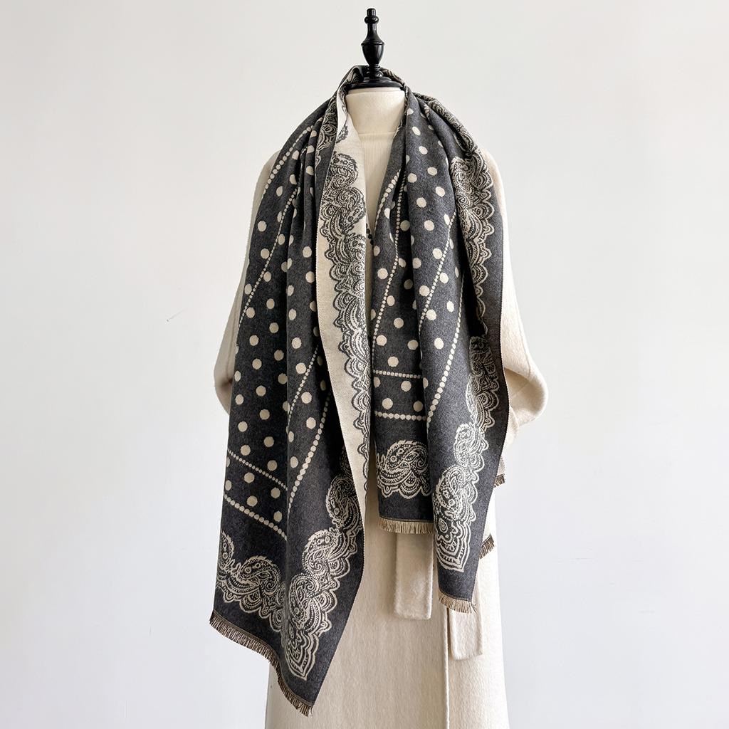 Luxury Women'S Cashmere Scarf - Winter Warm Tasseled Striped & Polka Dot Printed Pashmina Shawl, Foulard & Poncho