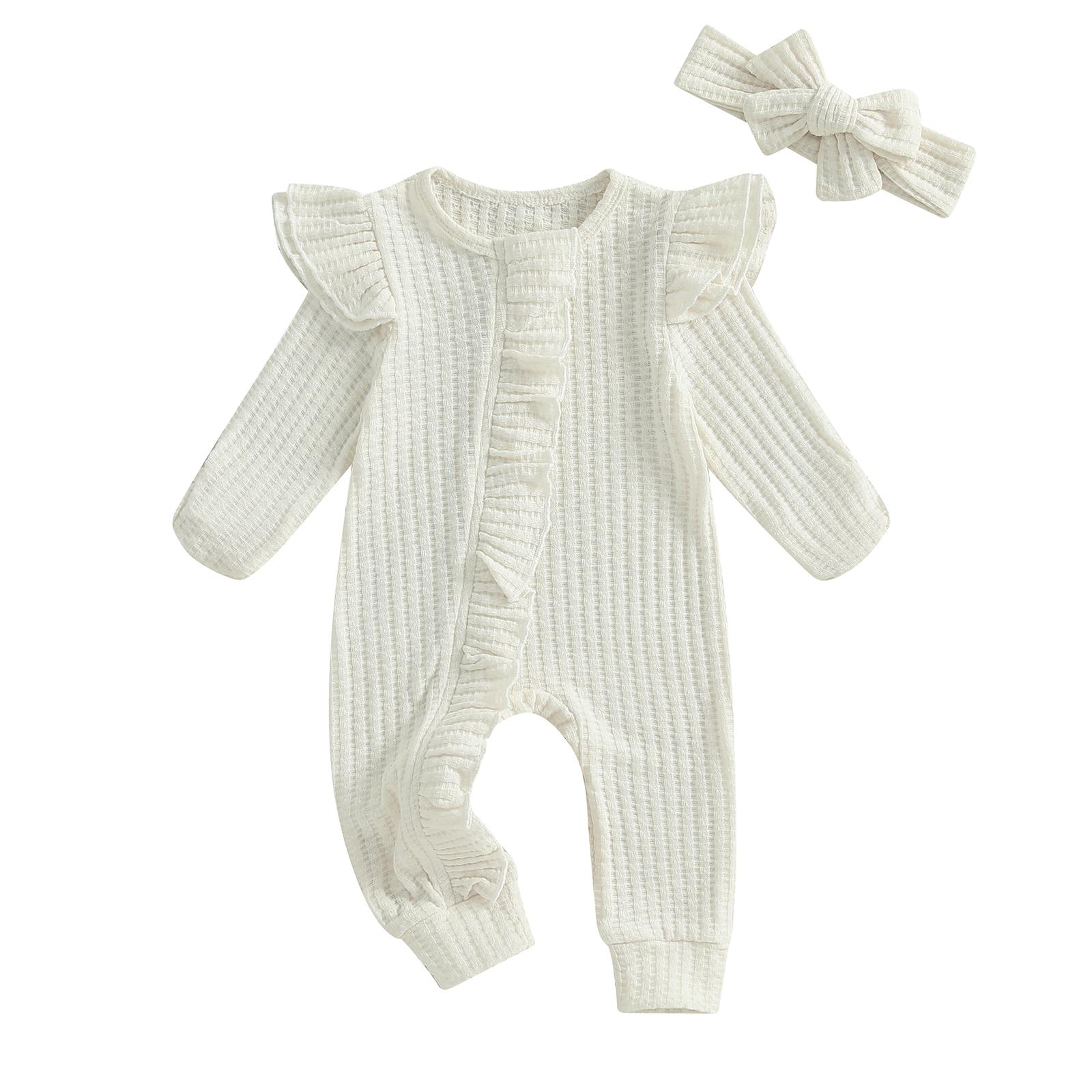 

Детские комбинезоны для девочек, однотонные, с оборками, с длинными рукавами, осенняя одежда, боди с повязкой на голову 6-12 Months бежевый