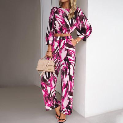Conjunto feminino de duas peças com estampa outono inverno, gola redonda, manga comprida, calça de cintura alta