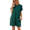 Spring Summer New Solid Color Crew Neck Pocket Loose Short Sleeve Dress for Women Casual Daily Wear
