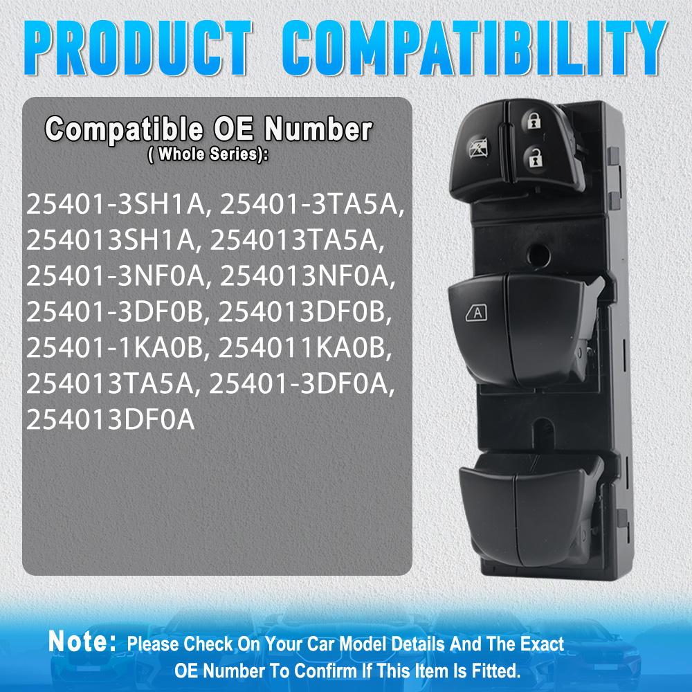 Master Power Window Control Switch for NISSAN ALTIMA FRONTIER LEAF ROGUE SENTRA 2013 2014 2015 2016 2017 2018 25401-3TA5A