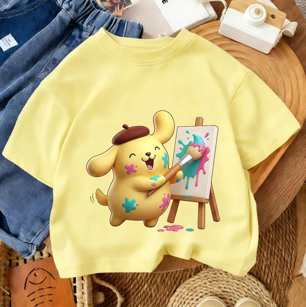 Summer Fashion Crew Neck Streetwear Boys and Girls 3-14 Years Old Kids Casual T-Shirt Cute Pudding Dog Cartoon Print
