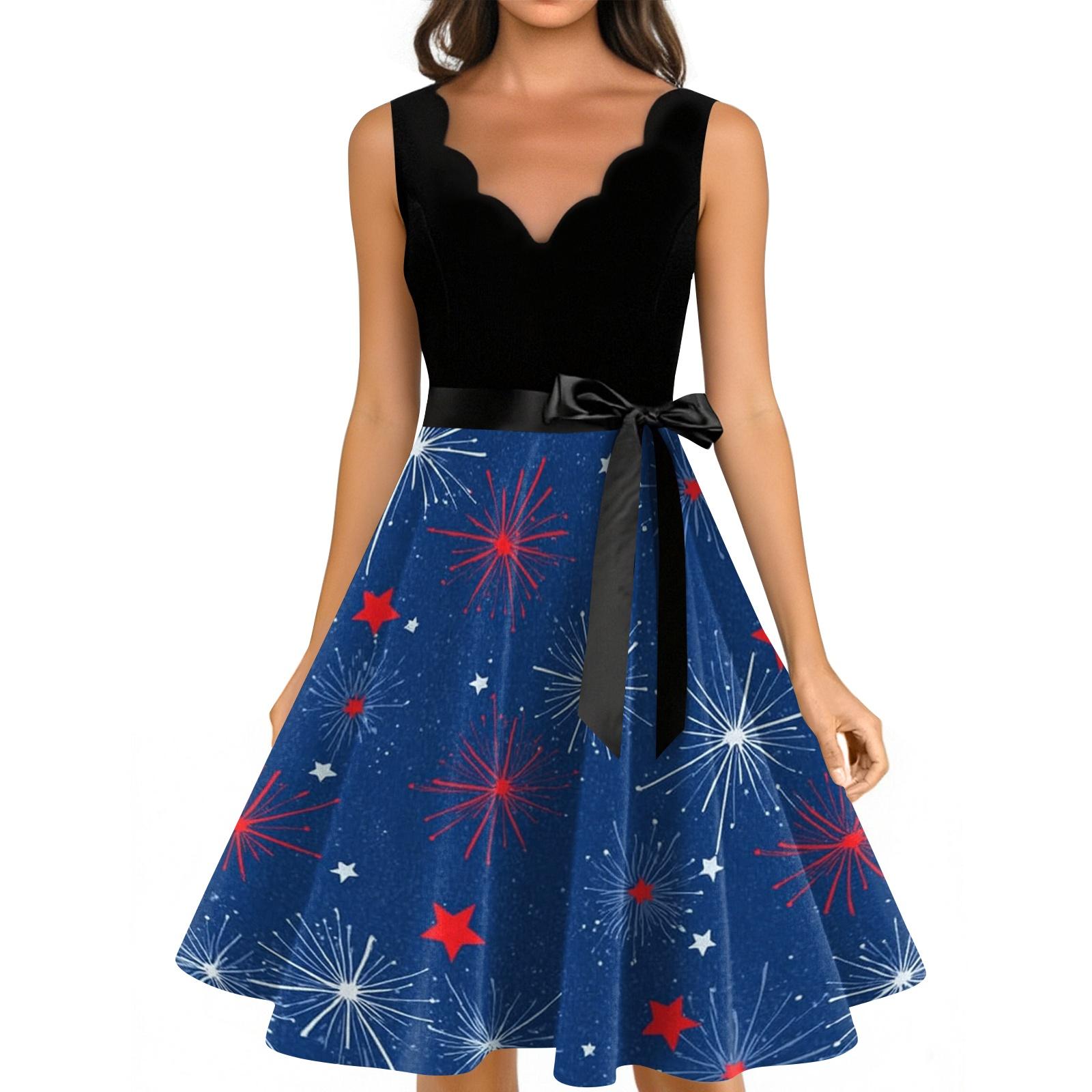 Women s Casual Fashion Independence Day Printed V-neck Retro Sleeveless Dress L красный