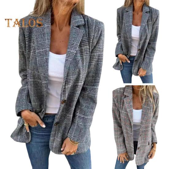 Dressjakke for kvinner Lapel Langermet Houndstooth Print Single-Breasted Cardigan Style Dressjakke med klafflommer Løs passform Business Yttertøy