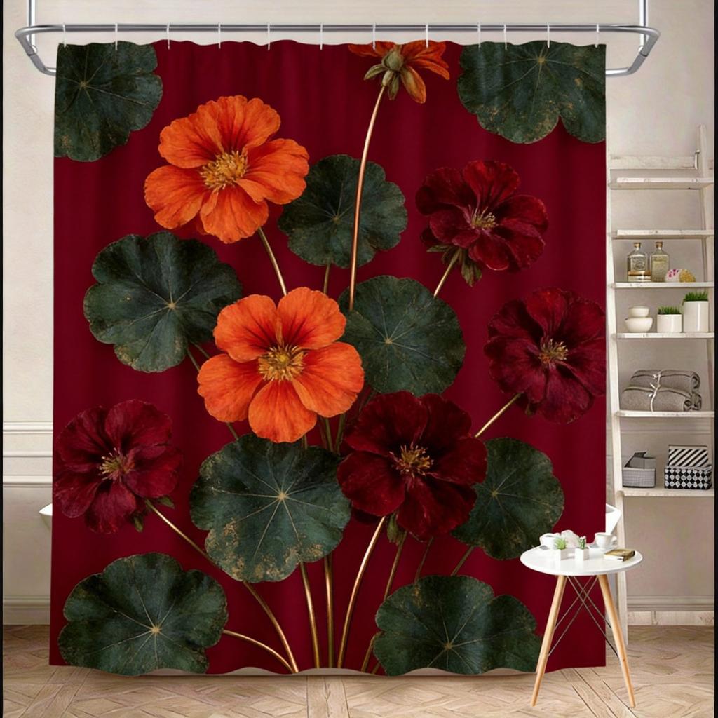 Vintage Floral Shower Curtain 180x180cm – Cream & Gold Peonies with Daisies on Black Background, Elegant Bathroom Decor 12 Hooks