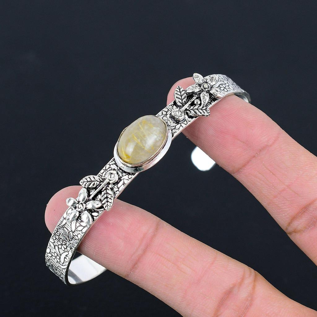Halloween Sale Oval Golden Rutile Gemstone New Flower Bangle 925 Sterling Silver