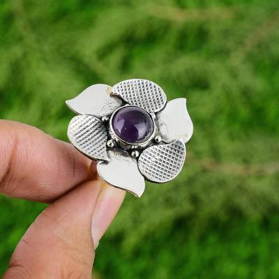 Natürlicher Afrikanischer Amethyst Versprechen Blume Verstellbarer Ring 925 Silber Für Frauen