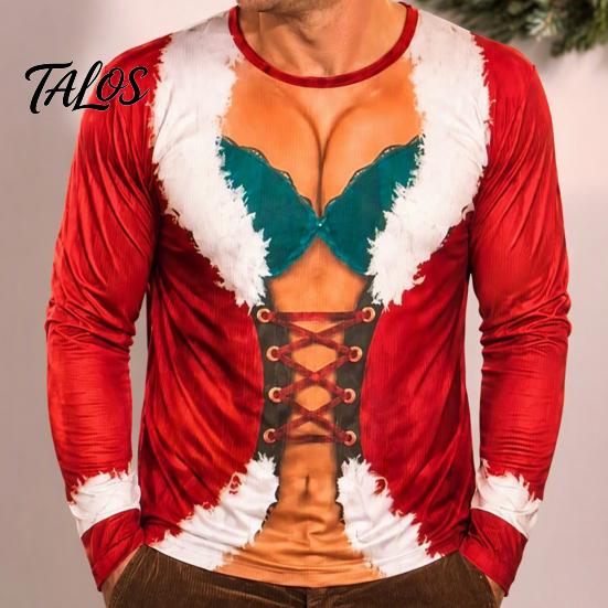 Creative Party Clothes Funny Christmas Shirt, Hilarious 3D Fake Corset Chest Print Crew Neck Shirt Pullover Top, Novelty Long Sleeve Festival Costume