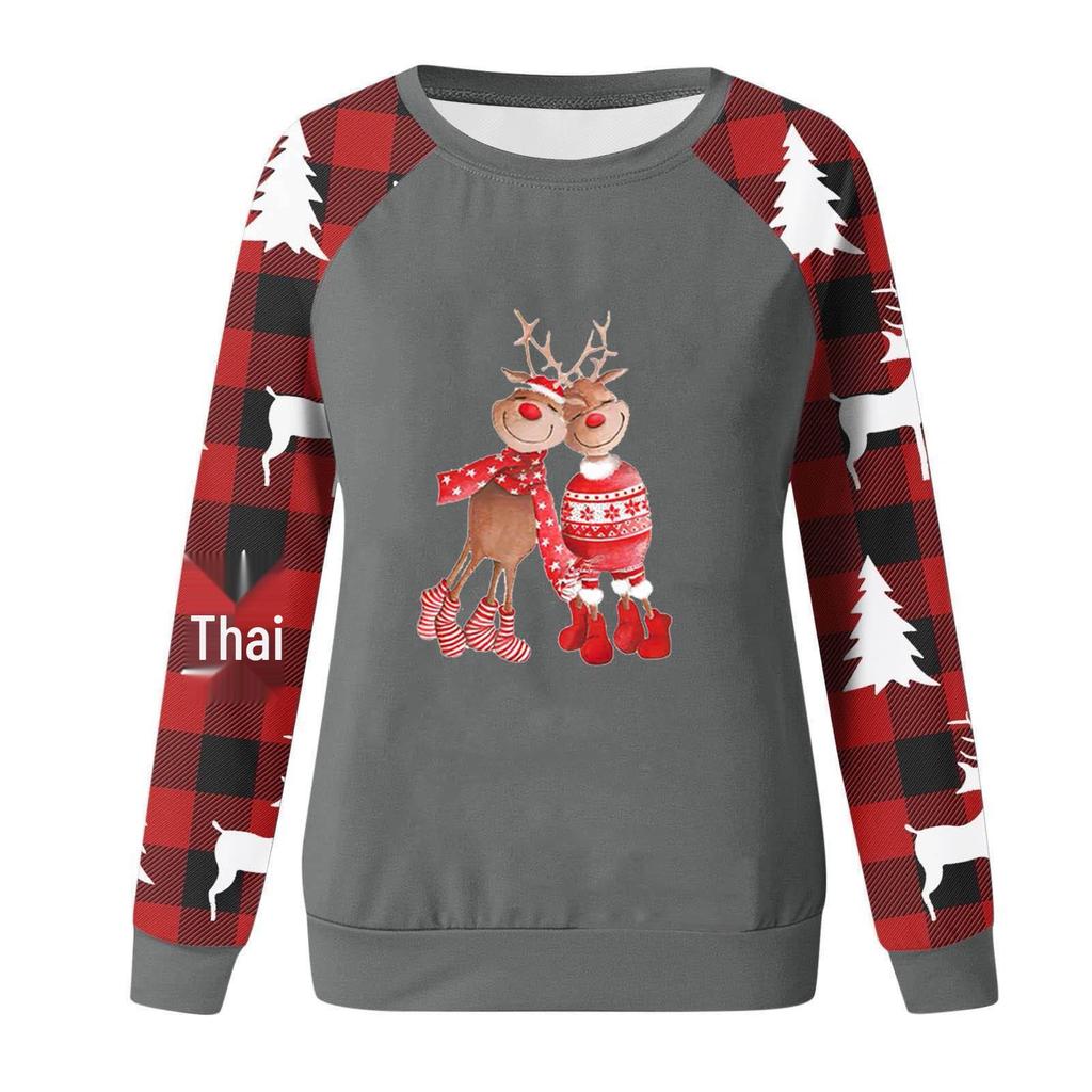 2023 Autumn Winter Women's Reindeer Print Round Neck Casual Long Sleeve Hoodie