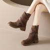 Fashion Western Cowboy Boots Women Fall New Round Toe Metal Belt Buckle Pleated Stack Vintage Block Heel Shortho Boots