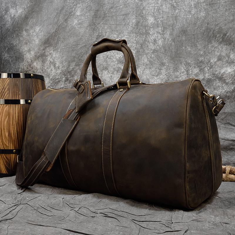 60cm Vintage Mens Leather Travel Bag Real Leather Weekender Bag Overnight Travelling Handbag For 3 Days  Business Travel