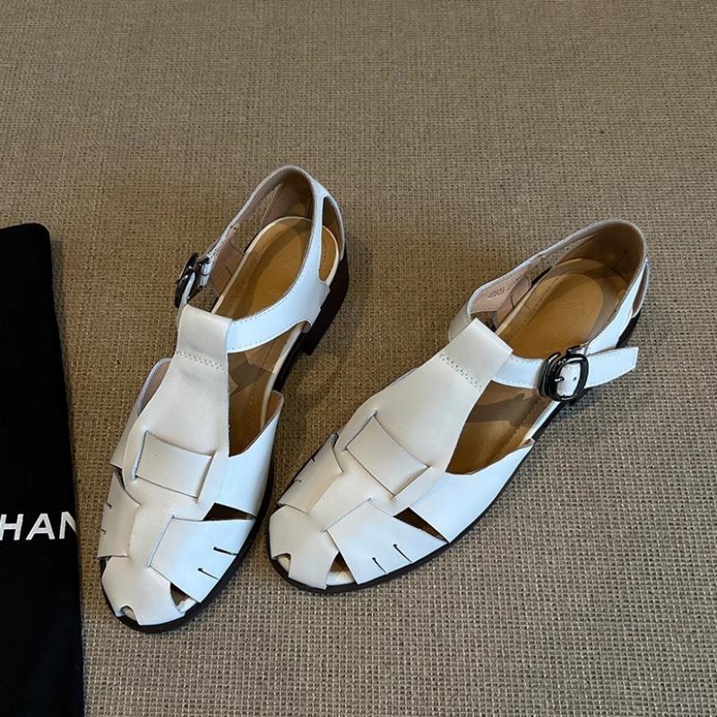 

Cowhide version~ retro style woven bag head sandals women s summer wear genuine leather flat-bottomed cool slippers pig cage shoes 35