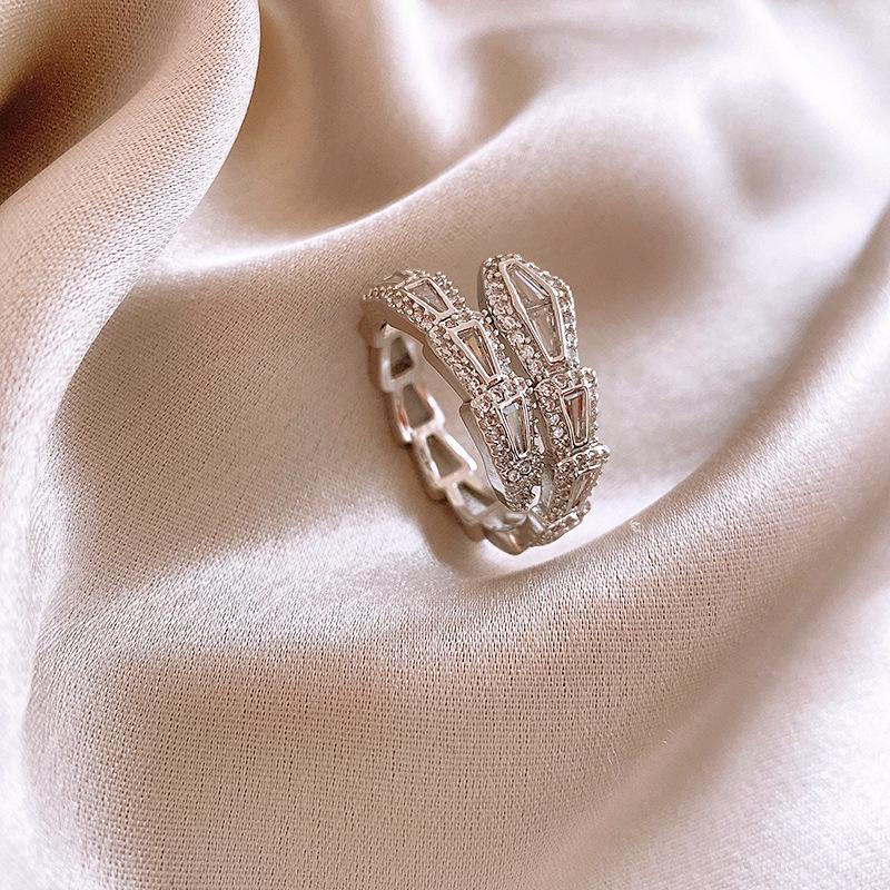 Platinum Zircon Multilayer Open Ring: Exquisite, Light Luxury, High-End Fashion, Versatile Jewelry Design