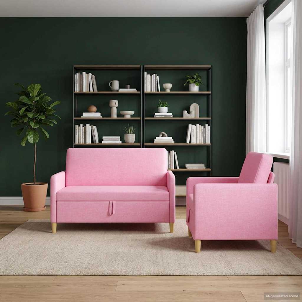2 Piece Storage Sofa Set In Pink Polyester