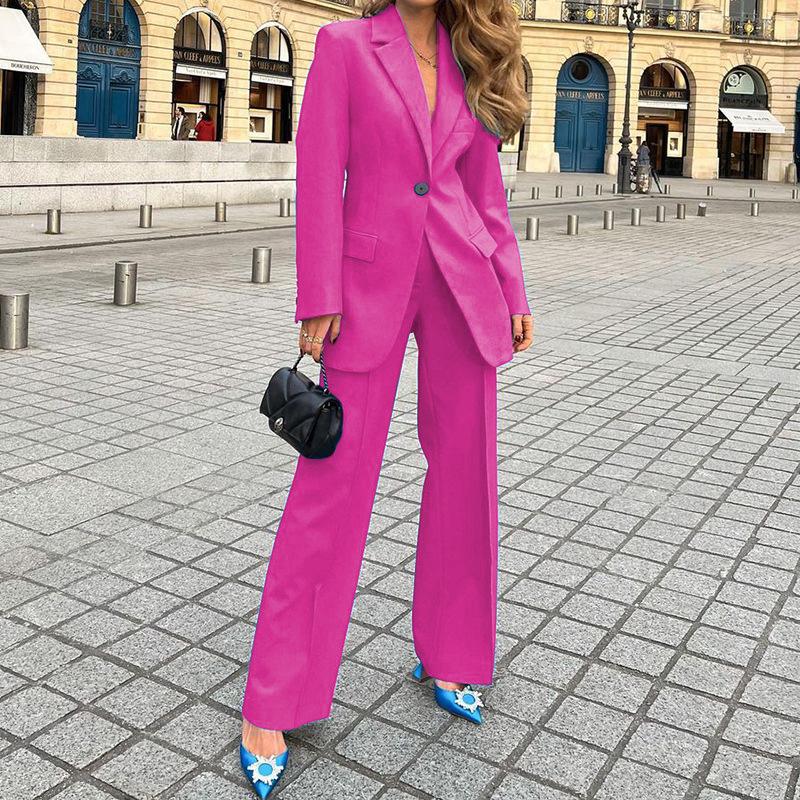 2 st/set Kvinnor Kappa Byxor Kostym Enfärgad Lapel Formell Business Style Långärmad Enkelknapp Bred Ben Rak Pendelkontor